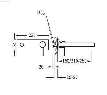 Настенный смеситель для раковины Tres Alplus, 250 мм (20320001)