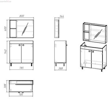 RJ ATLANT комплект мебели 80 дуб: тумба напольная, 2 дверцы + зеркальный шкаф 80x60 + умывальник мебельный RZJ815 RJ02801OK