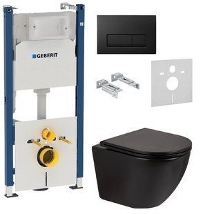 Інсталяція Geberit Duofix 3 В 1 458.126.00.1 з чорної клавішею Delta51 + Унітаз підвісний Qtap Robin Rimless чорний матовий QT1333046ERMB з сидінням Soft-close