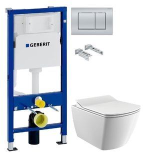 Інсталяція Geberit Duofix 458.103.00.1 з клавішею Delta30 хром матовий + Унітаз підвісний Creavit Elegant Rim-Off EG321-11CB00E-0000 з сидінням Soft Close