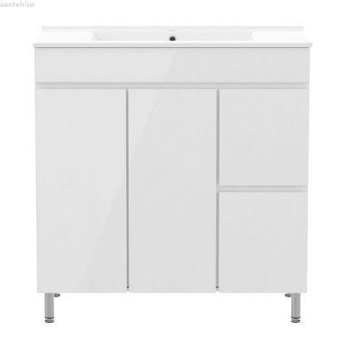 FLY комплект мебели 80см, белый: тумба напольная, 2 ящика, 1 дверца, корзина для белья + умывальник накладной арт RZJ815