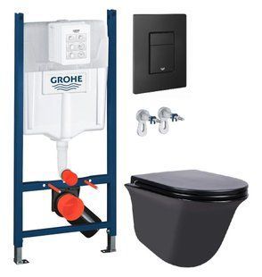 Инсталляция Grohe Rapid SL 3884000G с клавишей Skate Cosmopolitan черной матовой + Унитаз подвесной Qtap Virgo черный матовый QT1833051ERMB с сиденьям Soft Close