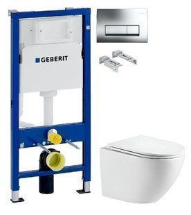Инсталляция Geberit Duofix 458.103.00.2 с клавишей Delta50 хром глянцевый + Унитаз подвесной Devit Flow Vortex Flush DFL0460111W с сиденьям Soft Close