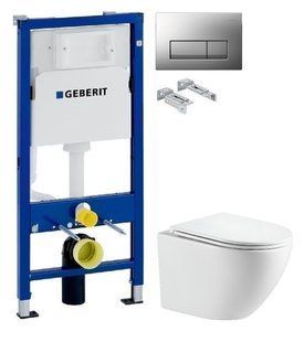 Инсталляция Geberit Duofix 458.103.00.2 с клавишей Delta50 хром матовый + Унитаз подвесной Devit Flow Vortex Flush DFL0460111W с сиденьям Soft Close