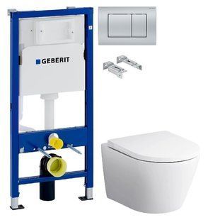 Инсталляция Geberit Duofix  458.103.00.1 с клавишей Delta30 хром матовый + Унитаз подвесной Am.Pm Sense C741701SC с сиденьям Soft Close