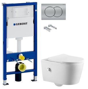 Інсталяція Geberit Duofix 458.103.00.1 з клавішею Delta01 хром матовий + Підвісний унітаз з функцією біде ASIGNATURA Simple Bend 37852805 з сидінням Soft Close