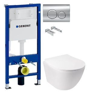 Инсталляция Geberit Duofix 458.103.00.1 с клавишей Delta20 хром глянцевый + Унитаз подвесной Q-Tap Jay Rimless QT07335176W с сиденьям Soft Close