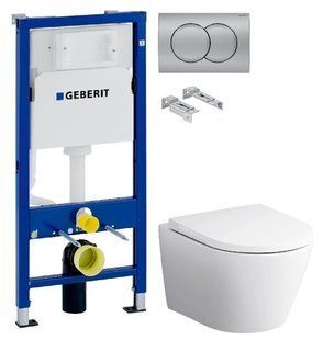 Инсталляция Geberit Duofix 458.103.00.1 с клавишей Delta01 хром матовый + Унитаз подвесной Am.Pm Sense C741701SC с сиденьям Soft Close
