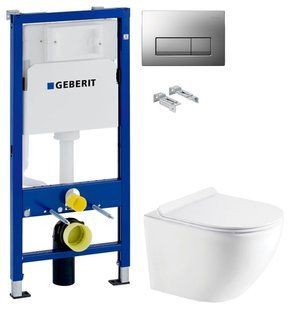 Инсталляция Geberit Duofix 458.103.00.1 с клавишей Delta50 хром матовый + Унитаз подвесной Koller Pool Round Rimless RN-0520-RW с сиденьем Soft Close