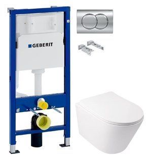 Инсталляция Geberit Duofix 458.103.00.1 с клавишей Delta01 хром глянцевый + Унитаз подвесной Qtap Swan Ultra Quiet QT16335179W с сиденьям Soft Close