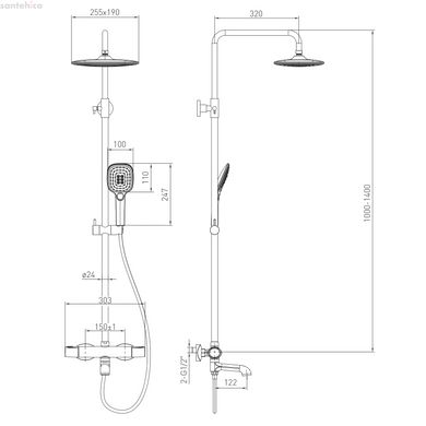 SISTEMA E система душевая (термостат для ванны, верхний душ 255*190 мм ABS, ручной душ 100 мм 3 режима, шланг 160 см), cromo