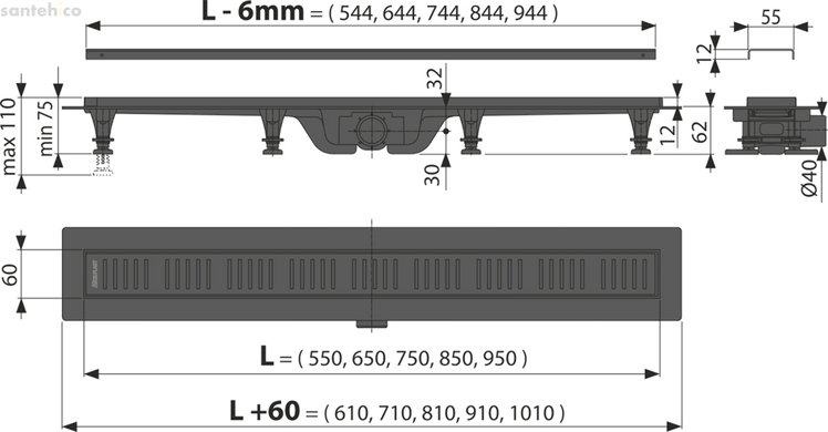 Душовий канал AlcaPlast 950 мм чорний матовий APZ10BLACK-550M