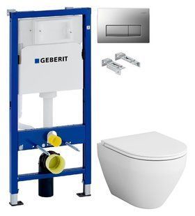 Инсталляция Geberit Duofix 458.103.00.1 с клавишей Delta50 хром матовый + Унитаз подвесной Am.Pm Spirit FlashClean C701700WH с сиденьям Slim Soft Close