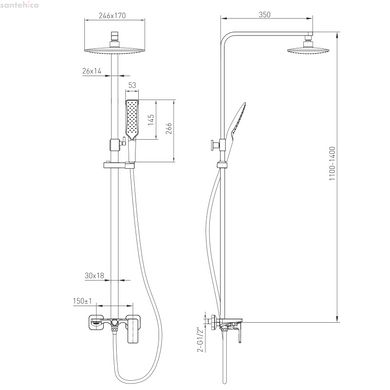 SISTEMA P система душевая (смеситель для ванны, верхний душ 246*170 мм ABS, ручной душ 53 мм 1 режим, темно-серые лейки, шланг 160 см), cromo