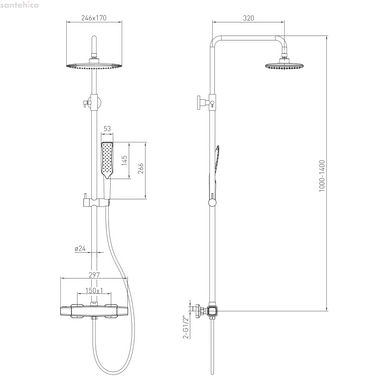 SISTEMA P система душова (термостат для душу, верхній душ 246*170 мм ABS, ручний душ 53 мм 1 режим, білі лійки, шланг 160 см), cromo