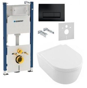 Инсталляция Geberit Duofix 3 В 1 458.126.00.1 с черной клавишей Delta51 + Унитаз подвесной Villeroy&Boch Vento 5656HR01 с сиденьем Soft Close