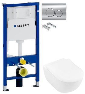 Инсталляция Geberit Duofix 458.103.00.1 с клавишей Delta20 хром глянцевый + Унитаз подвесной Villeroy&Boch Subway 2.0 Directflush 5614R201 с сидением Soft Close