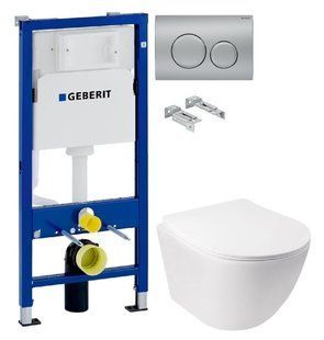 Инсталляция Geberit Duofix 458.103.00.1 с клавишей Delta20 хром матовый + Унитаз подвесной Q-Tap Jay Rimless QT07335176W с сиденьям Soft Close