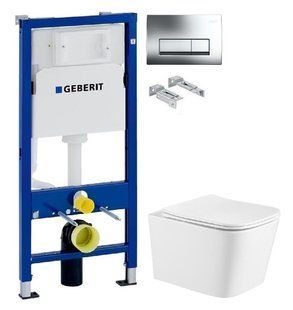 Инсталляция Geberit Duofix 458.103.00.1 с клавишей Delta50 хром глянцевый + Унитаз подвесной Qtap Crow Ultra Quite QT05335171W с сиденьям Soft Close