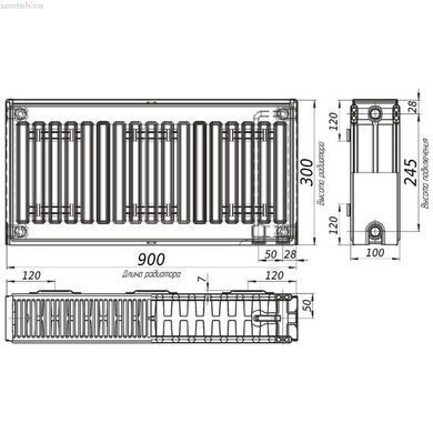 Радиатор стальной панельный KALDE 22 низ/справа 300х900 (без OUTER) 10982