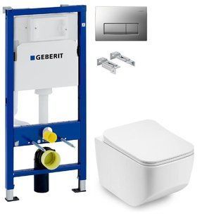 Инсталляция Geberit Duofix 458.103.00.1 с клавишей клавишей Delta50 хром матовый + Унитаз подвесной Dusel Luner DWHT10201530R с сиденьем Soft Close