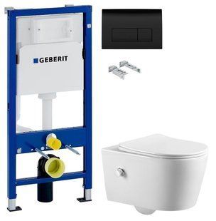 Инсталляция Geberit Duofix 458.103.00.1 с клавишей Delta50 черный глянцевый + Унитаз подвесной с функцией биде ASIGNATURA Simple Bend 37852805 с сиденьем Soft Close