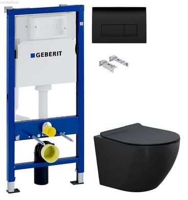 Инсталляция Geberit Duofix 458.103.00.1 с клавишей Delta 50 черный глянцевый + Унитаз подвесной Newarc Modern черный матовый 3823B-M с сиденьем Soft-Close