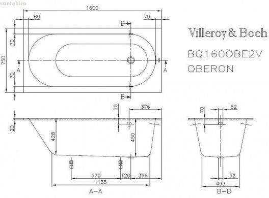 Ванна квариловая Villeroy & Boch OBERON 160x75 UBQ160OBE2V-01