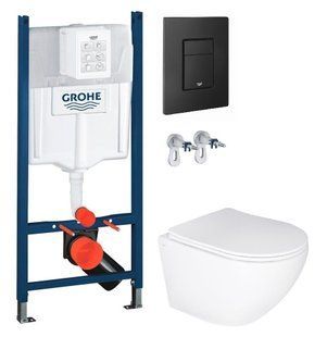 Инсталляция Grohe Rapid SL 3884000G с клавишей Skate Cosmopolitan черной матовой + Унитаз подвесной Qtap Jay Ultra Quiet QT07335177W с сиденьем Soft Close