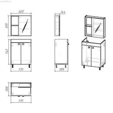 RJ ATLANT комплект мебели 60 дуб, тумба напольная, 2 дверцы + зеркальный шкаф 60х60 RJ02601OK+ умывальник мебельный артикул RZJ610