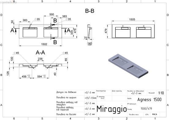 Умивальник Miraggio гранітний AGNESS 1500 Gloss 0000151
