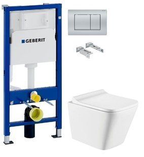 Інсталяція Geberit Duofix 458.103.00.1 з кнопкою Delta30 хром матовий + Унітаз підвісний Koller Pool Trend Rimless TR-0490-RW з сидінням Soft Close