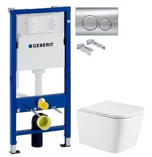Инсталляция Geberit Duofix 458.103.00.1 с клавишей Delta20 хром глянцевый + Унитаз подвесной Qtap Crow Ultra Quite QT05335171W с сиденьям Soft Close