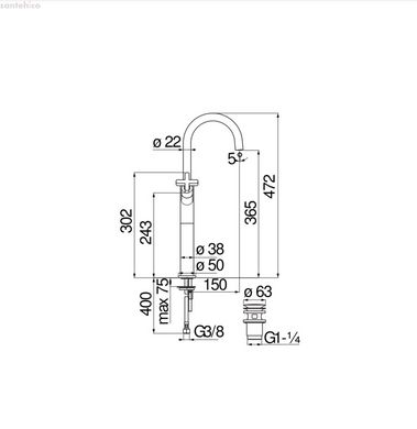 Змішувач для умивальника LR116228/2CR високий 472мм, донний клапан, поворотний носик, хром Nobili Італія