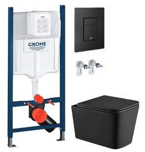 Інсталяція Grohe Rapid SL 3884000G з клавішею Skate Cosmopolitan чорною матовою + Унітаз підвісний Koller Pool Kvadro Tornado чорний матовий KR-0530-RQ-MB з сидінням Soft Close
