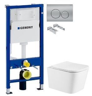 Инсталляция Geberit Duofix 458.103.00.1 с клавишей Delta20 хром матовый + Унитаз подвесной Qtap Crow Ultra Quite QT05335171W с сиденьям Soft Close