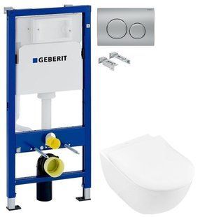 Инсталляция Geberit Duofix 458.103.00.1 с клавишей Delta20 хром матовый + Унитаз подвесной Villeroy&Boch Subway 2.0 Directflush 5614R201 с сидением Soft Close