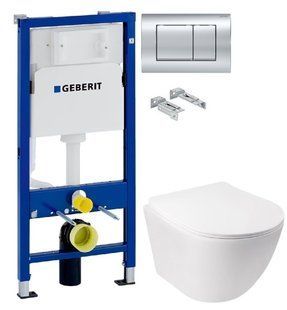Инсталляция Geberit Duofix 458.103.00.1 с клавишей Delta30 хром глянцевый + Унитаз подвесной Q-Tap Jay Rimless QT07335176W с сиденьям Soft Close