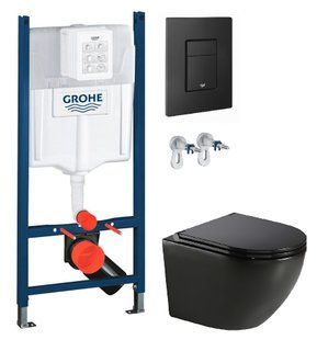 Інсталяція Grohe Rapid SL 3884000G з клавішею Skate Cosmopolitan чорною матовою + Унітаз підвісний Koller Pool Round Tornado чорний матовий RN-0520-RQ-MB з сидінням Soft Close