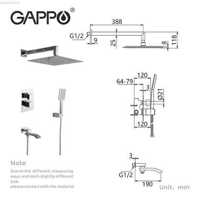 Вбудована душова система GAPPO G7107-40, вилив - перемикач на лійку, 3-функції, хром