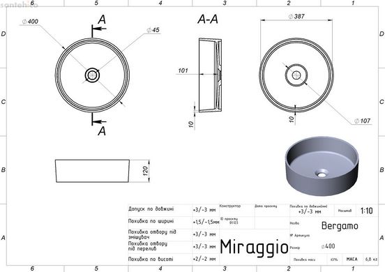 Раковина накладная Miraggio Bergamo 40 см белый глянцевый 0002671