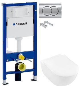 Инсталляция Geberit Duofix 458.103.00.1 с клавишей Delta50 Delta01 хром глянцевый + Унитаз подвесной Villeroy&Boch Subway 2.0 Directflush 5614R201 с сидением Soft Close