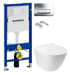 Инсталляция Geberit Duofix 458.103.00.1 с клавишей Delta50 хром глянцевый + Унитаз подвесной Q-Tap Jay Rimless QT07335176W с сиденьям Soft Close