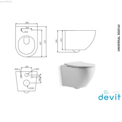 Унітаз підвісний DEVIT Universal безободковий з сидінням Soft Close Quick-Fix дюропласт 3020162
