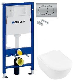 Инсталляция Geberit Duofix 458.103.00.1 с клавишей Delta50 Delta01 хром матовый + Унитаз подвесной Villeroy&Boch Subway 2.0 Directflush 5614R201 с сидением Soft Close