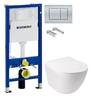 Инсталляция Geberit Duofix 458.103.00.1 с клавишей Delta30 хром матовый + Унитаз подвесной Q-Tap Jay Rimless QT07335176W с сиденьям Soft Close