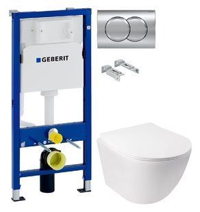 Инсталляция Geberit Duofix 458.103.00.1 с клавишей Delta01 хром глянцевый + Унитаз подвесной Q-Tap Jay Rimless QT07335176W с сиденьям Soft Close