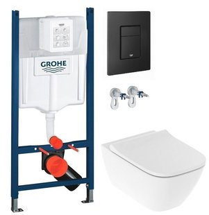 Инсталляция Grohe Rapid SL 3884000G с клавишей Skate Cosmopolitan черной матовой + Унитаз подвесной Geberit Smyle Square 500.683.00.2 с сиденьям Soft Close