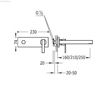 Настенный смеситель для раковины Tres Lex-tres, 250 мм (181200)