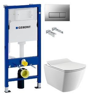 Інсталяція Geberit Duofix 458.103.00.1 з клавішею Delta50 хром матовий + Унітаз підвісний Creavit Elegant Rim-Off EG321-11CB00E-0000 з сидінням Soft Close